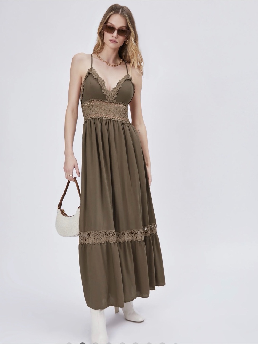 NWT Cider Brown Lace Crochet Boho Strappy Maxi Sundress - L - Picture 3 of 7